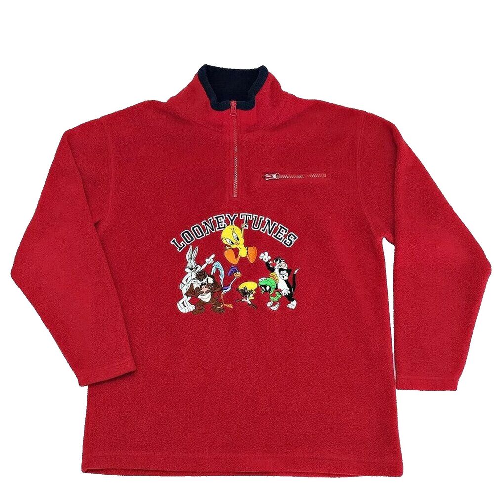Vtg WARNER BROS Studio Store Looney Tunes 1/4‎ Zip Fleece Sweatshirt Pullover S